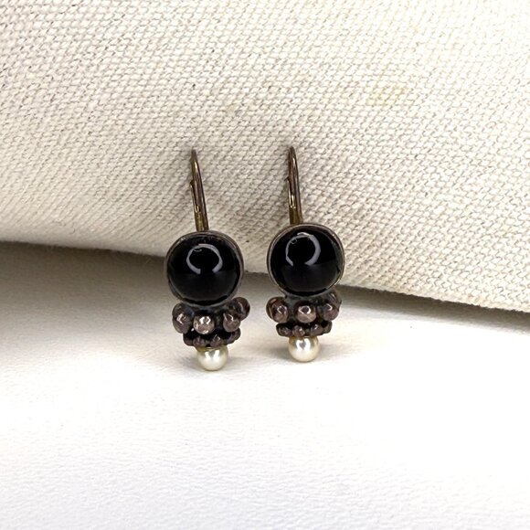 Sterling Silver Onyx Earrings Marked Dangle Black‎ Whimsigoth - Picture 1 of 8